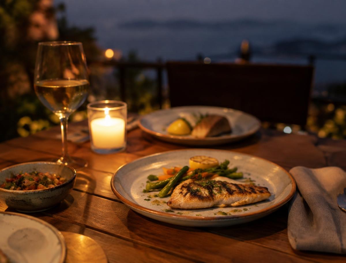 Grilled fish served by candlelight (temporary image)